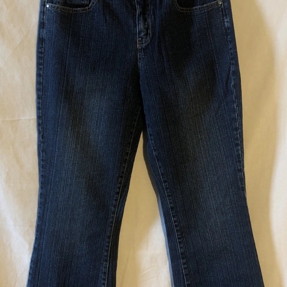 Fashion Bug Womens Petite 10 34” Waist Dark Wash Jeans Flare Pockets Stretch